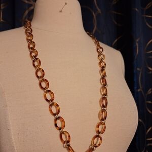 Tortoise Shell Gold Tone Acrylic Link Necklace Leopard Print Fashion 30" New